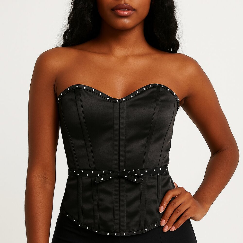 CHARLOTTE RUSSE Y2K Corset Lace up back hook & eye strapless‎ top black white S